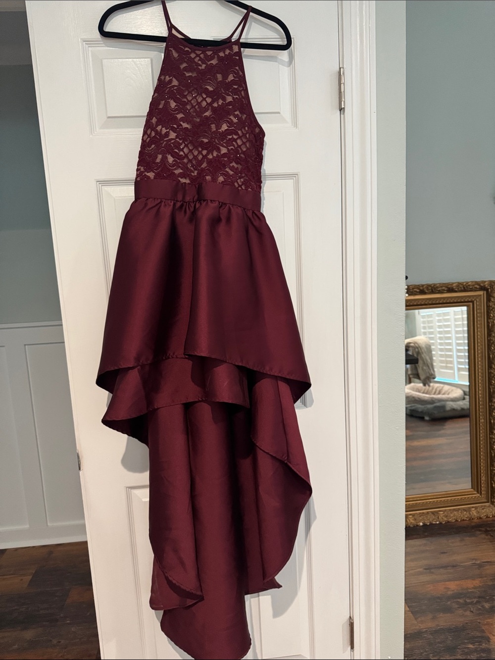 Prom dress- Young women’s Burgundy High-Low Lace Halter Dress